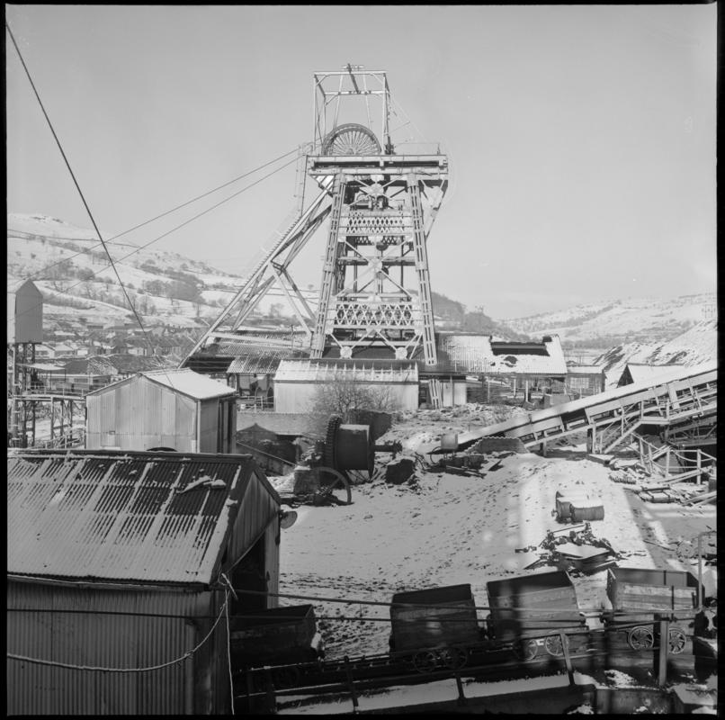 Black and white film negative showing the upcast shaft, Merthyr Vale Colliery.  'Merthyr Vale' is transcribed from original negative bag.