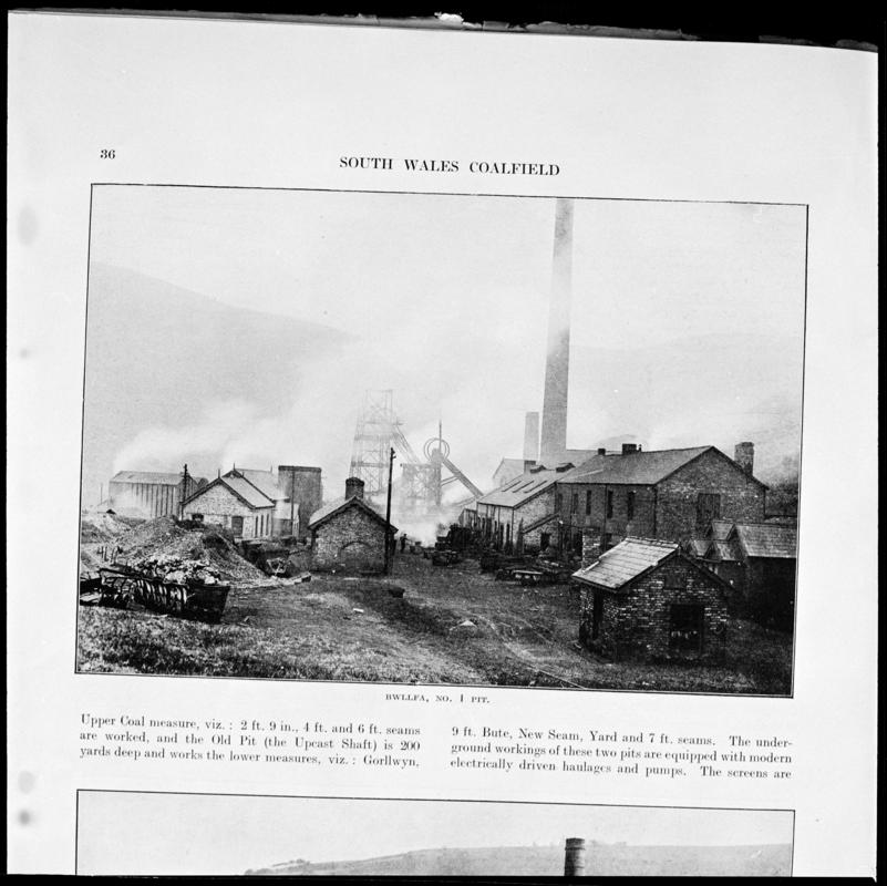 Black and white film negative showing a view of Bwllfa Colliery, No.1 Pit, photographed from a publication.  'Bwllfa No. 1 Pit' is transcribed from original negative bag.