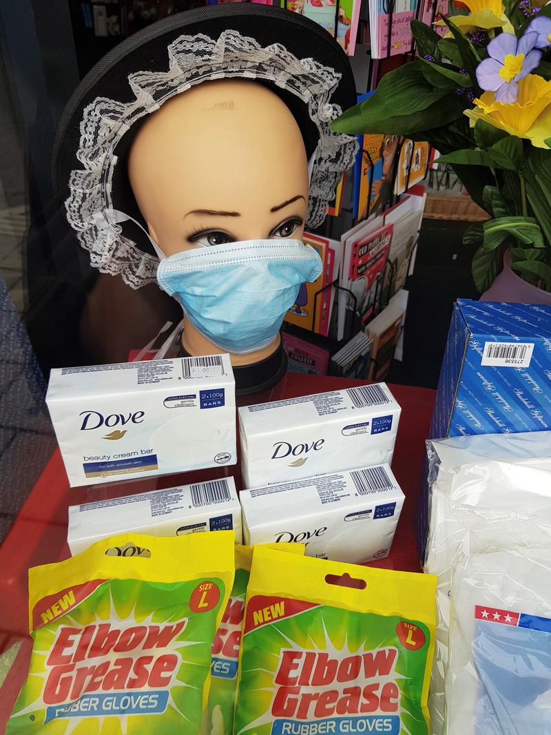 Window display to promote masks and cleaning products, Canton, Cardiff,