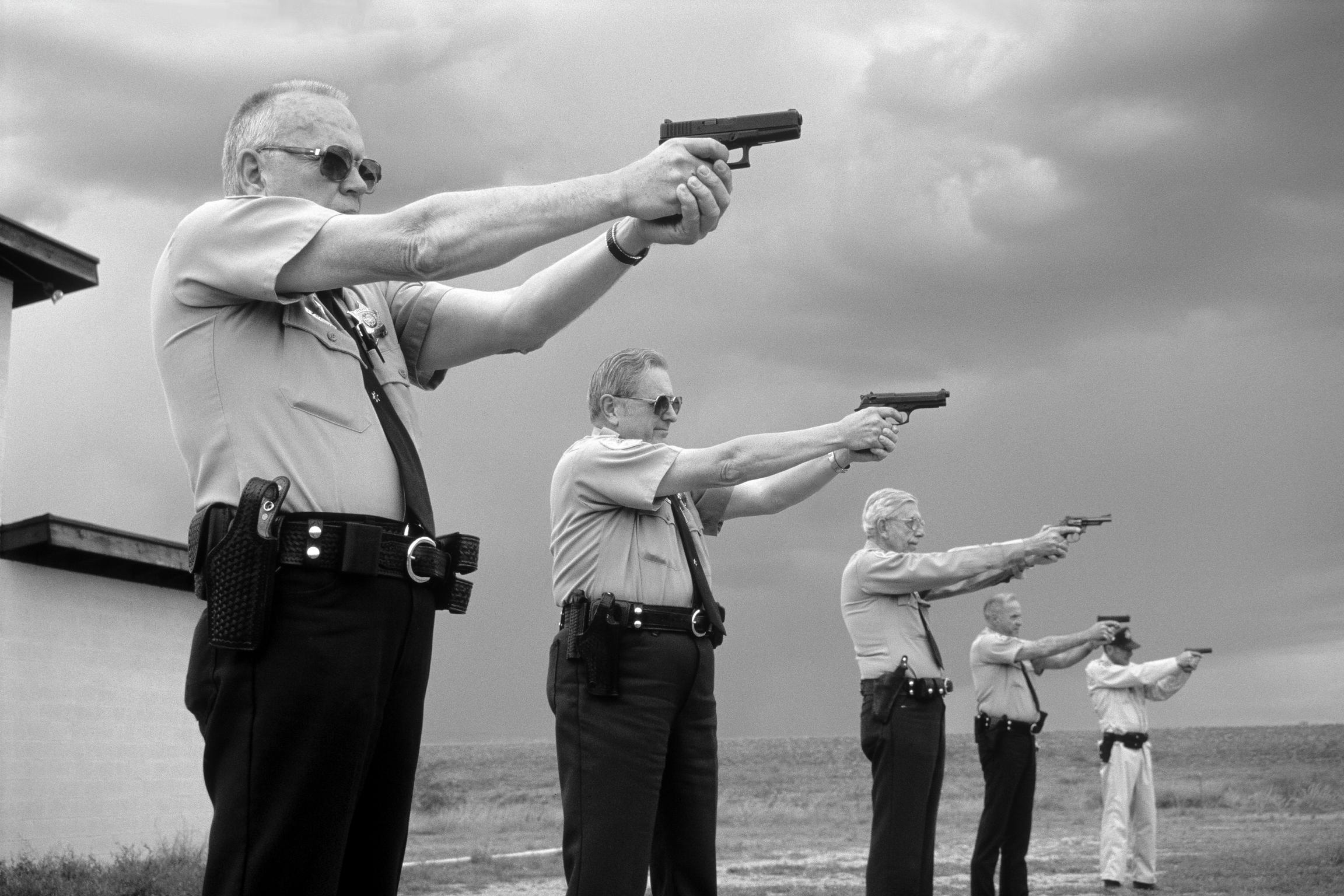 Retirement members of Sheriff Posse, the police of Sun City at weapons practice. Sun City, Arizona USA