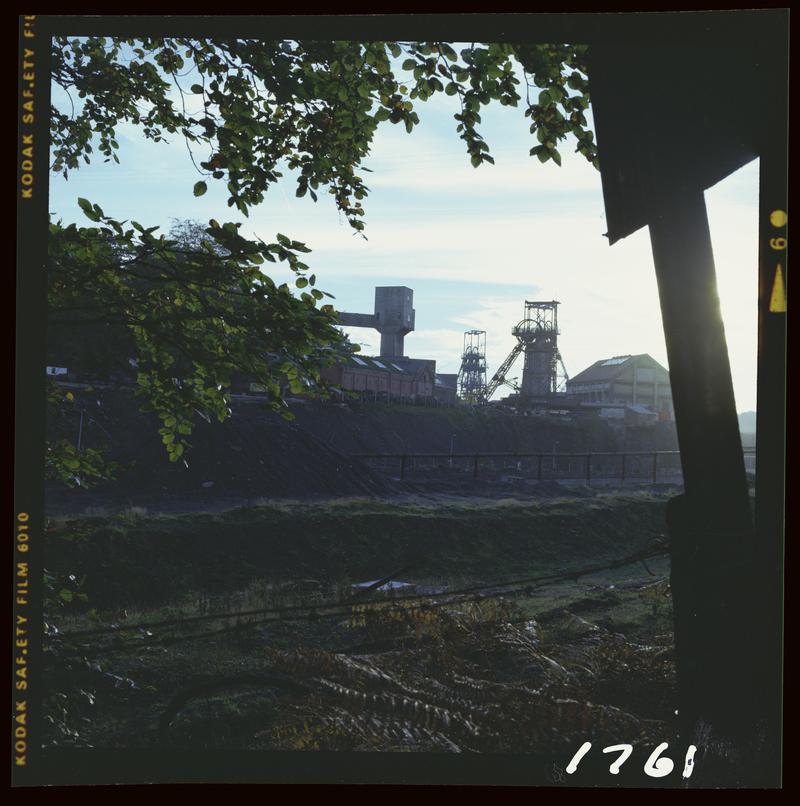 Colour film negative showing a general surface view of Oakdale colliery, October 1979.  'Oakdale Oct 1979' is transcribed from original negative bag.