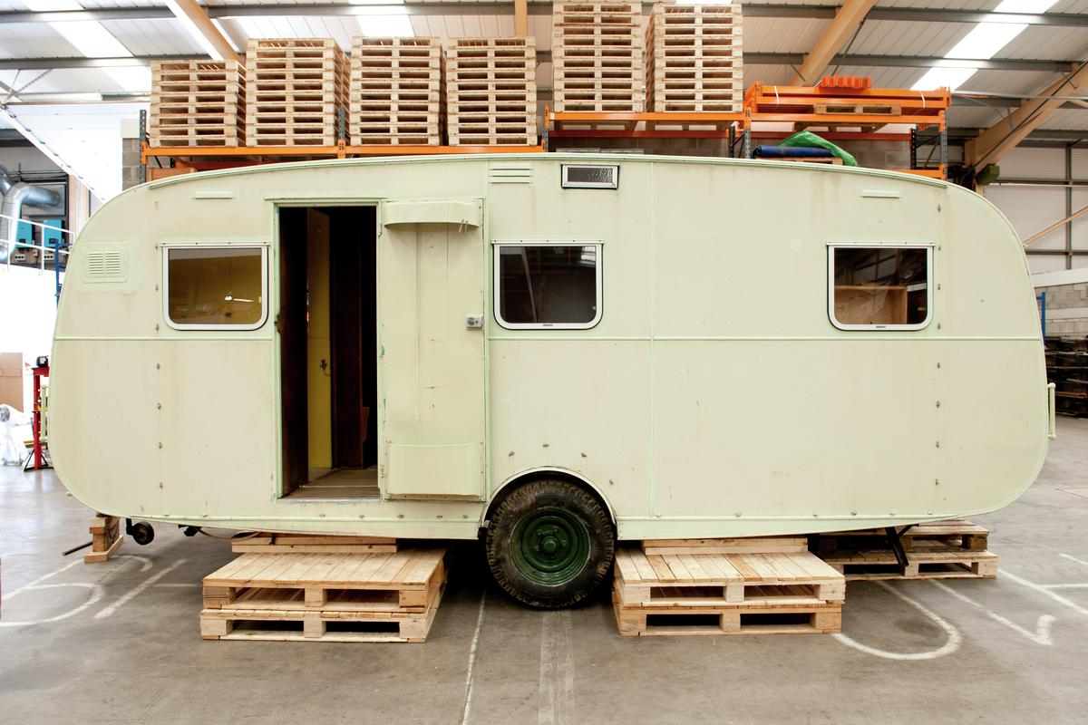 External views of each side of the Dodds family caravan built in Cardiff in 1951.