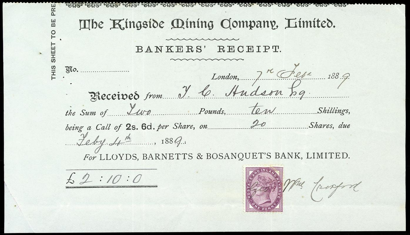 Share Certificate "Kingside Mining Company Limited"
