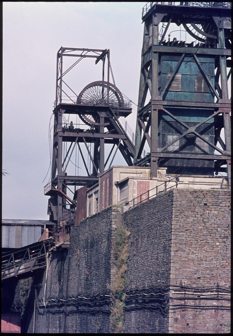 Colour film slide showing the downcast shaft, Celynen North Colliery.