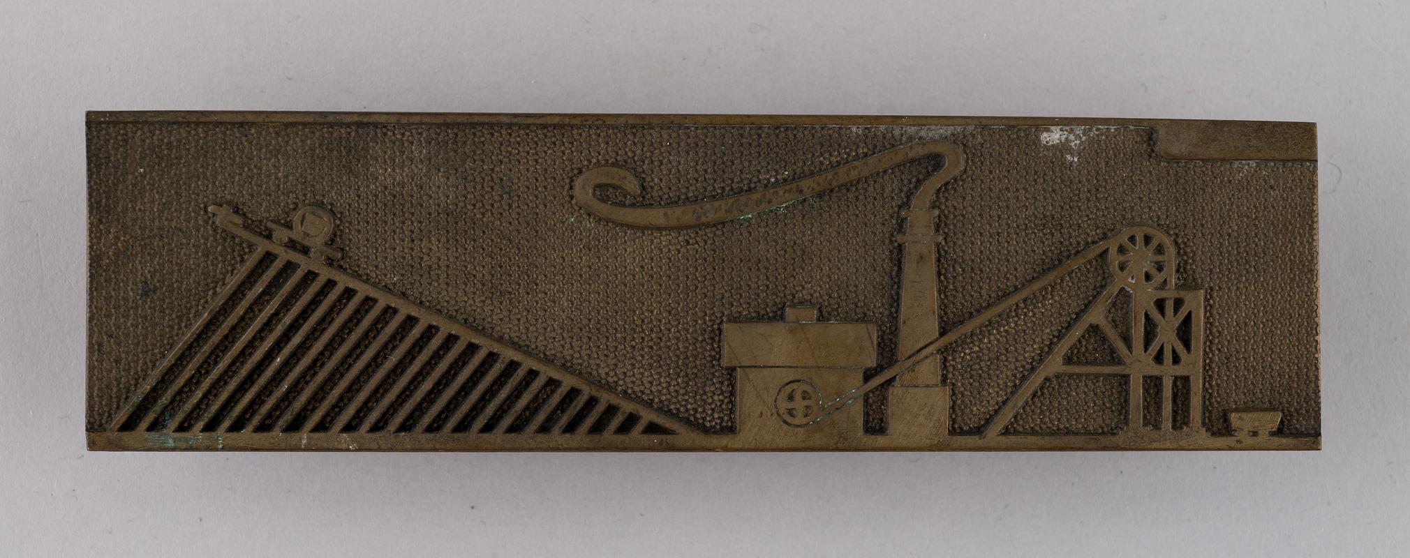 Rectangular plaque with view of a coal mine showing headgear and tip.