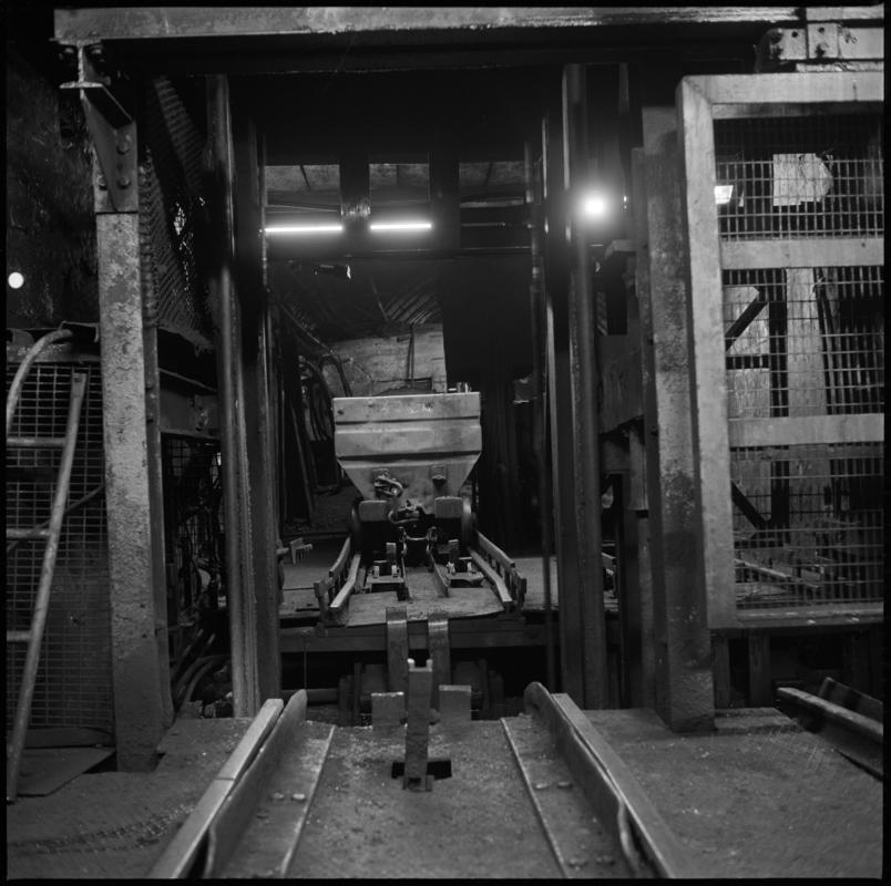 Black and white film negative showing pit bottom, Wyndham Colliery. 'Wyndham' is transcribed from original negative bag.