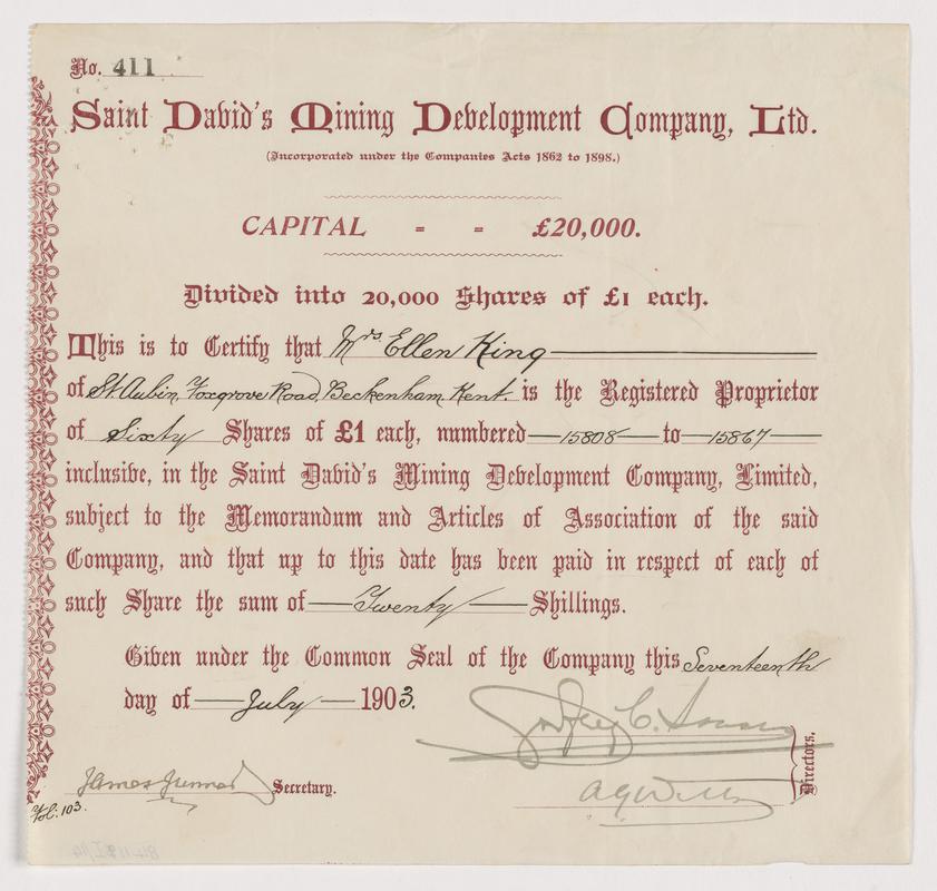 Saint David's Mining Development Company Limited, £1 ordinary shares, 1903,