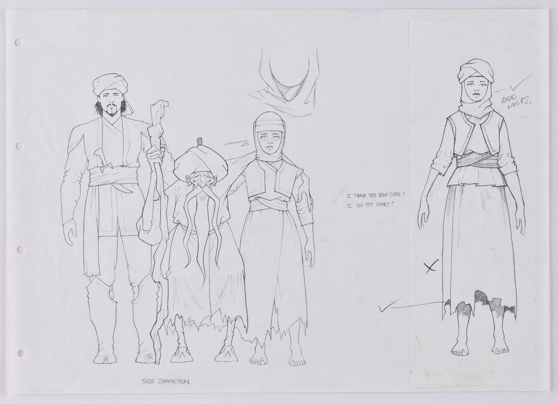 Turandot animation production sketch of the characters Calaf, Timur and Liu.