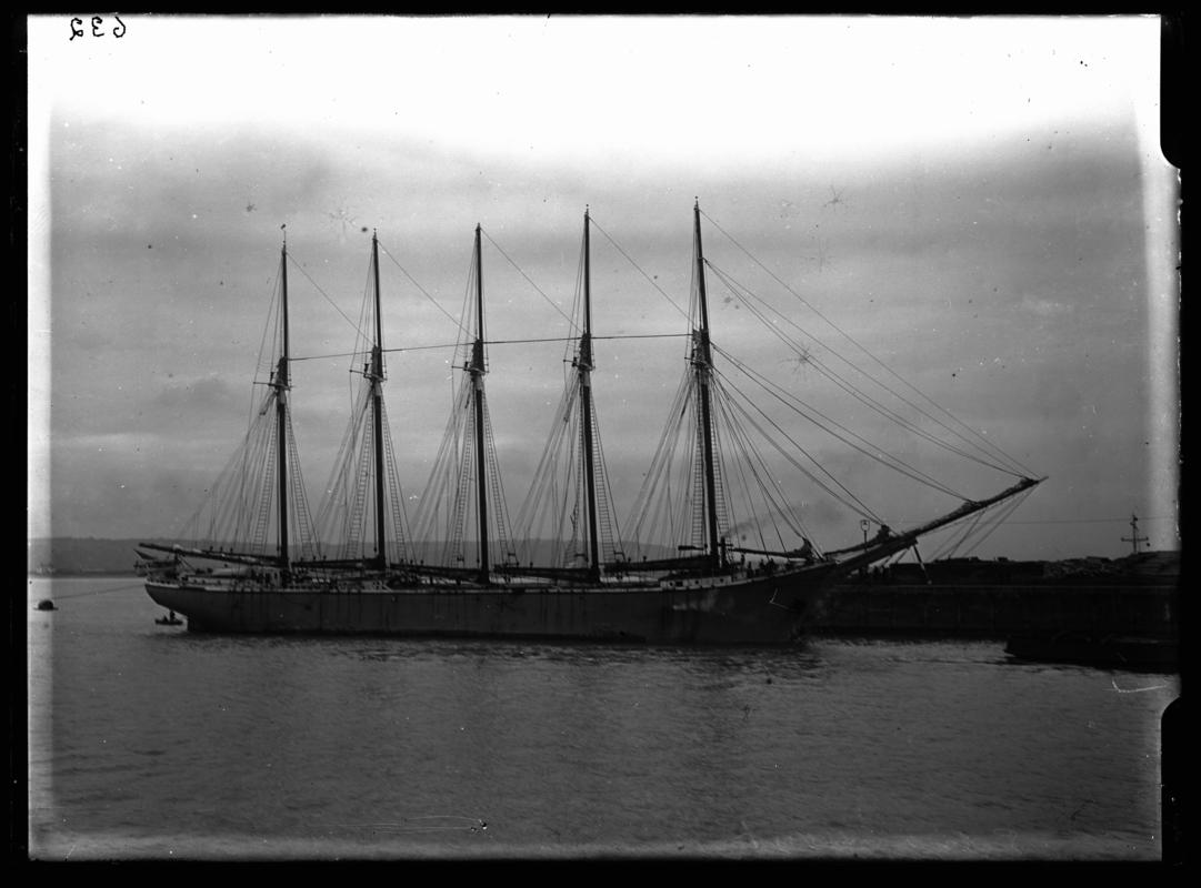 Starboard broadside view of the five masted schooner EDNA HOYT 1936-1937
