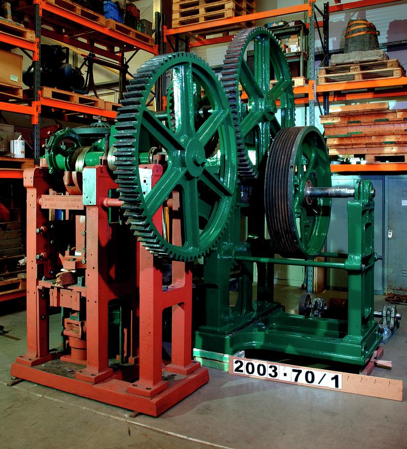 Bradley & Craven Limited brick press partially assembled during restoration at National Collections Centre, Nantgarw, before installation at National Waterfront Museum, Swansea.