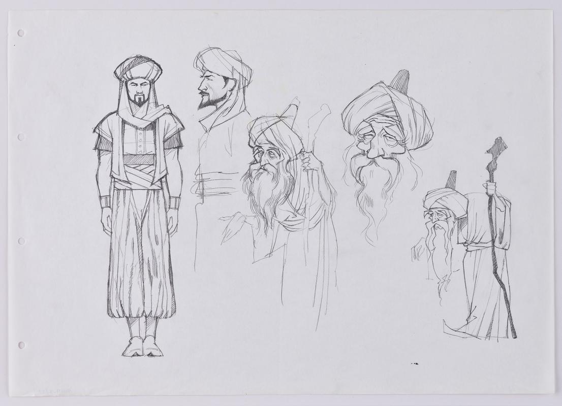 Turandot animation production sketch of the characters Calaf and Timur.