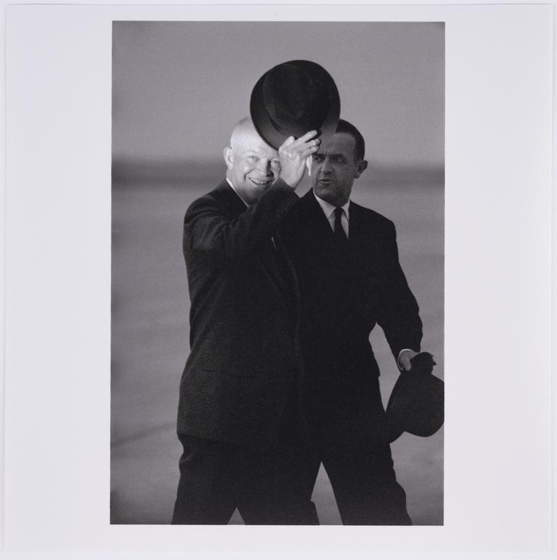 In the background Swiss president Petitpierre greeting General Dwight D. Eisenhower, President of the USA, upon arrival. Geneva