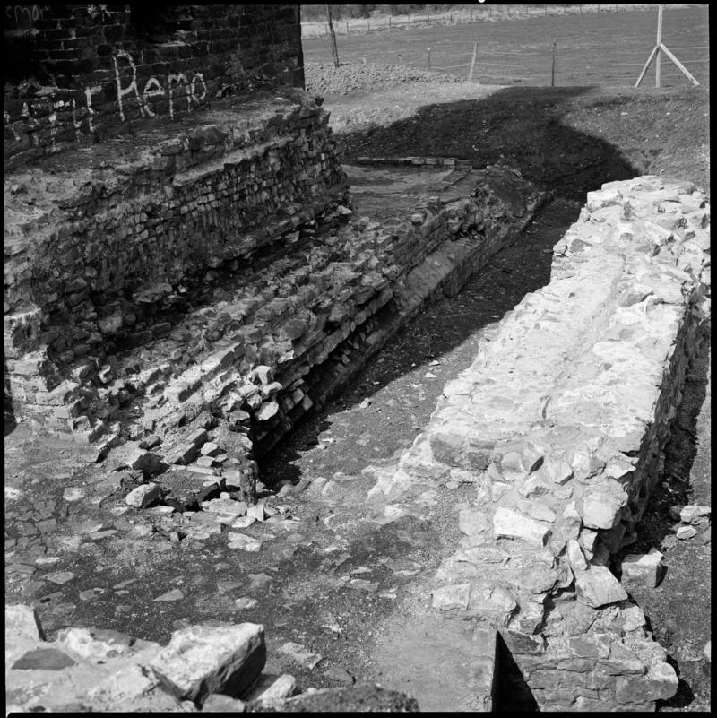 Black and white film negative showing the remains of Scott's Pit, Llansamlet. 'Scotts Pit' is transcribed from original negative bag.