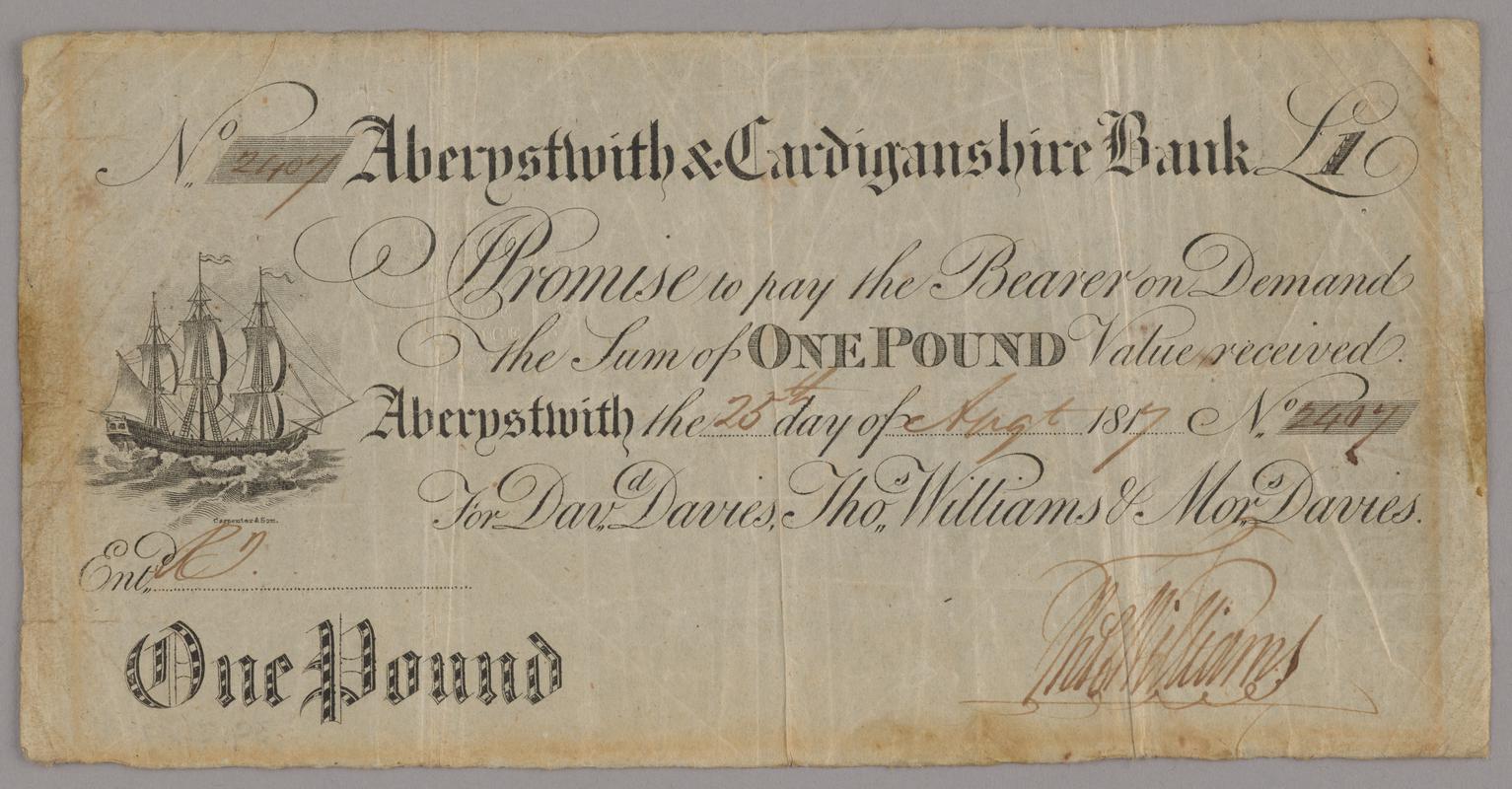 Aberystwith & Cardiganshire Bank one pound bank note, 1817