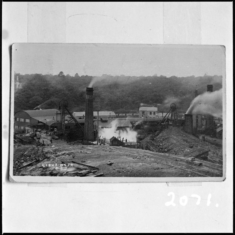 Black and white film negative of a photograph showing a general surface view of Lightmoor Colliery.  'Lightmoor' is transcribed from original negative bag.