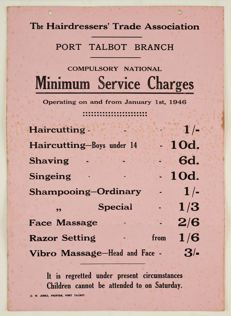 Price list from Ivor Williams' salon in Taibach, Port Talbot