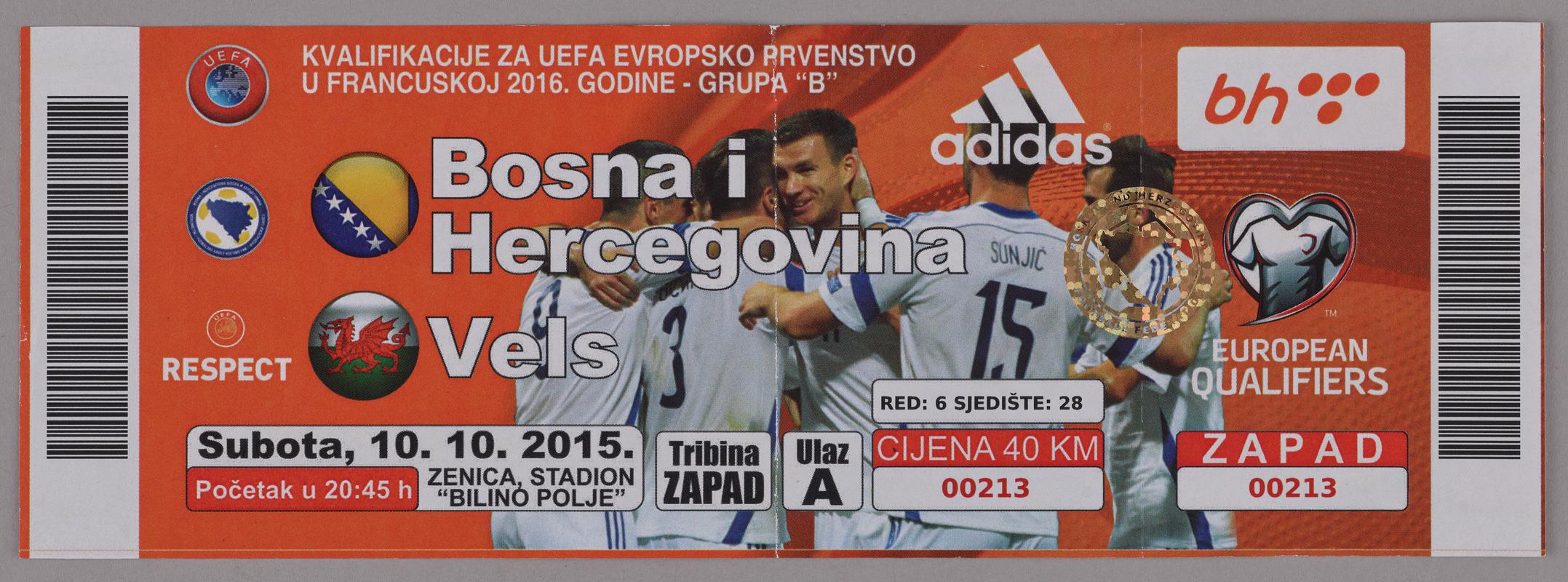 Football match ticket, Bosnia v Wales, 2015