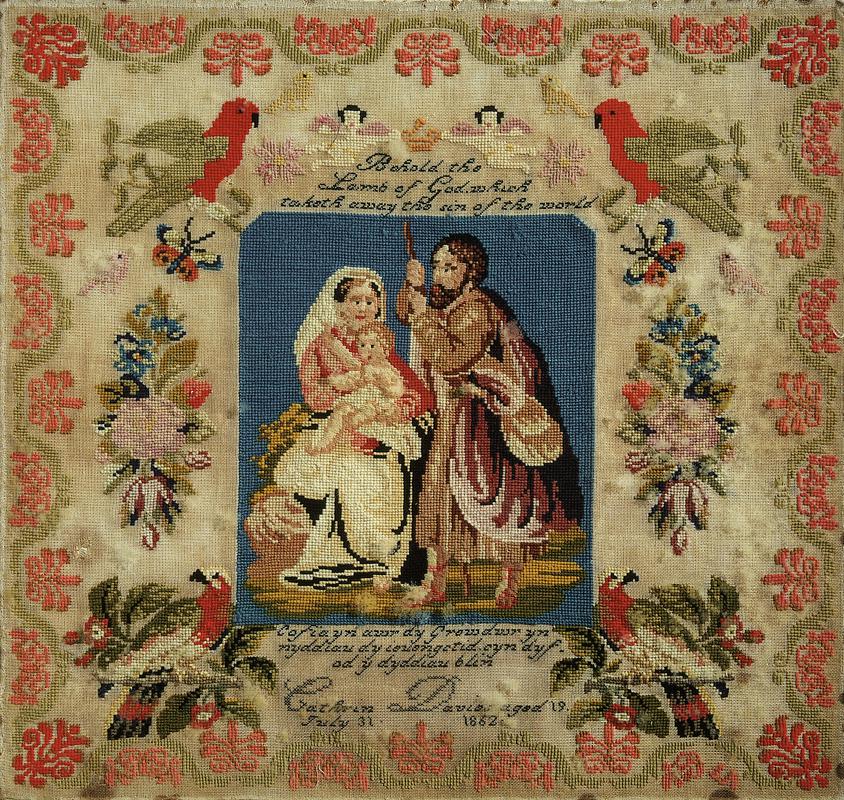 Sampler (pictorial, motifs & Welsh Biblical verse), made in Aberporth, 1862