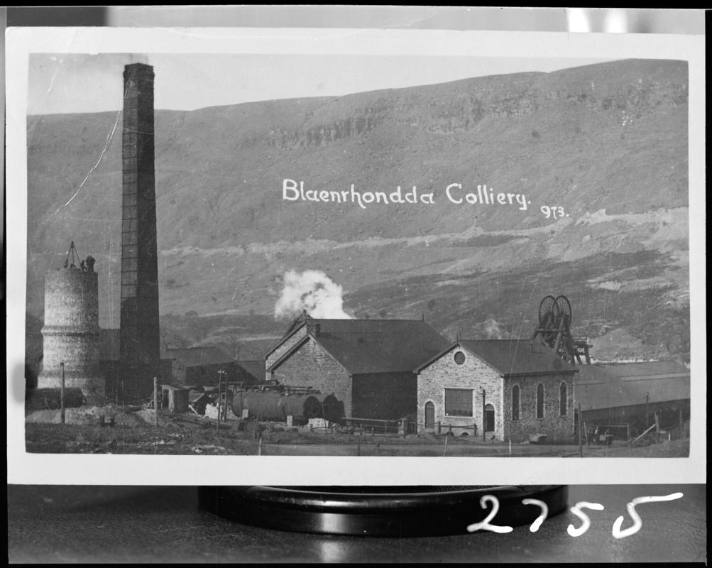 Black and white film negative of a photograph showing a surface view of Fernhill Colliery. 'Fernhill' is transcribed from original negative bag.