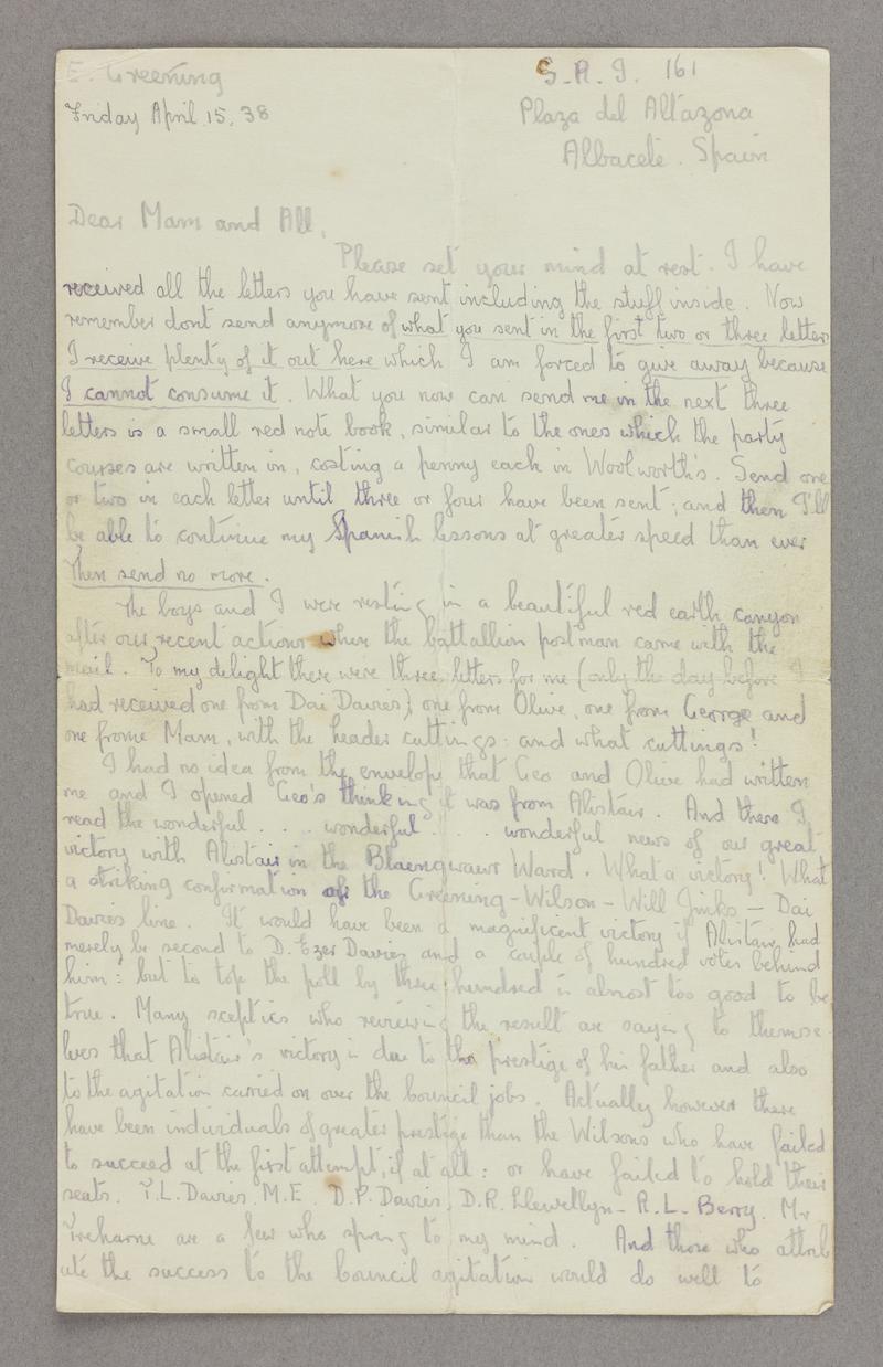 Handwritten letter, on both sides of two pages, from Edwin Greening in Spain to his family in Aberdare. Dated 15 April 1938. Front of first page