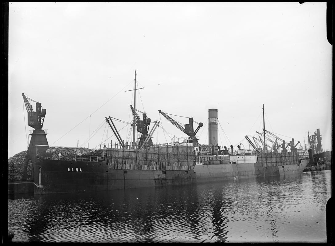 Three quarter Port bow view of S.S. ELNA at Cardiff Docks, c.1936.