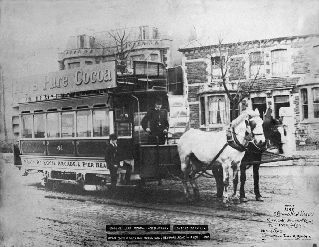 Horse drawn tram (with horses) on Newport Road, Cardiff