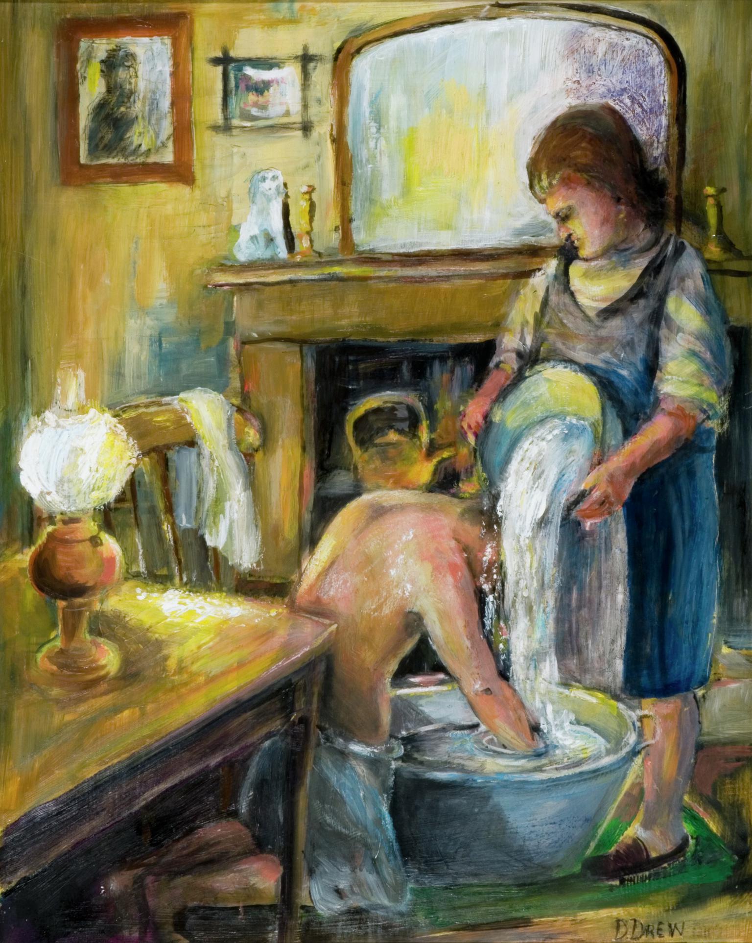 Miner bathing in tin bath, painting