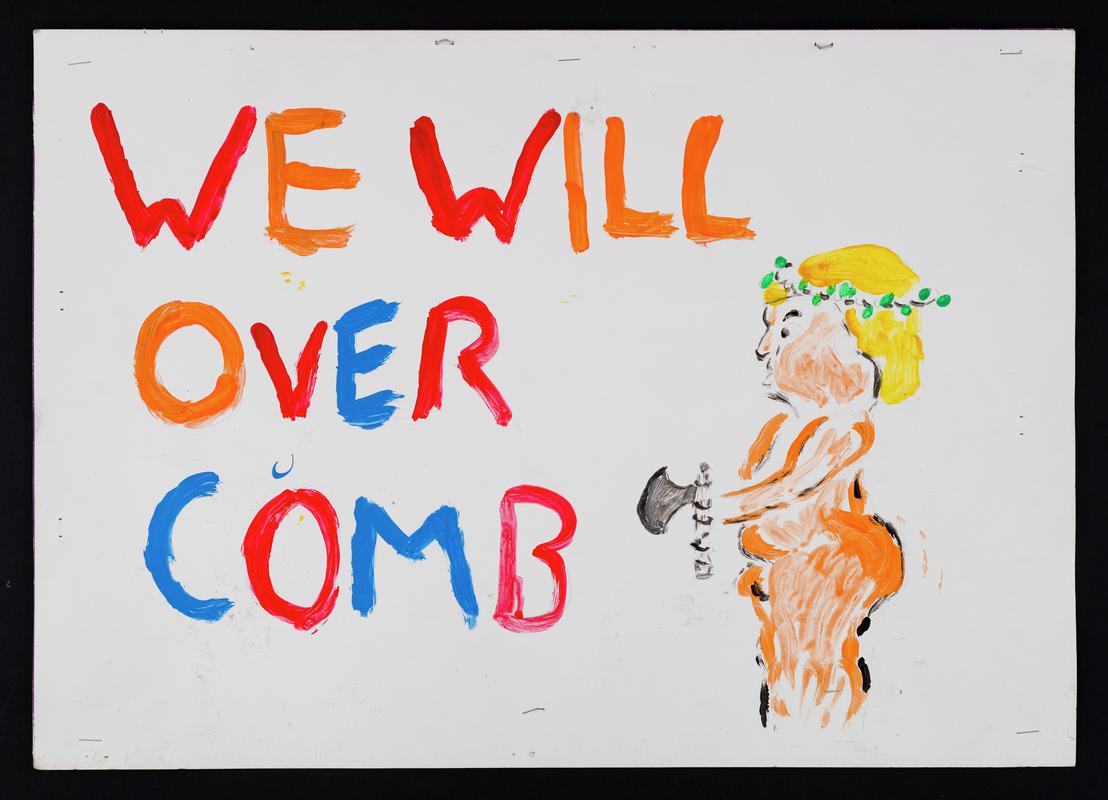'We Will Over Comb' handrawn placard used at the Women's March in Cardiff city centre on 21 January 2017.