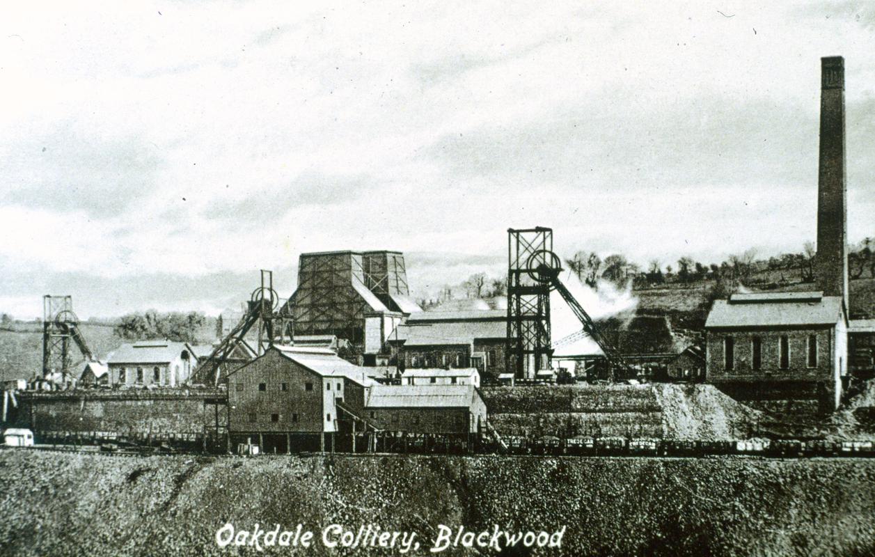 Black and white film slide of a photograph showing a general view of 'Oakdale Colliery, Blackwood'.