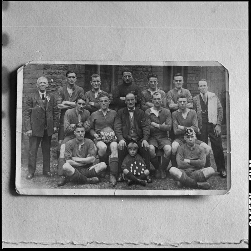 Black and white film negative showing Trehafod Football Team. 'Hafod football team' is transcribed from original negative bag.