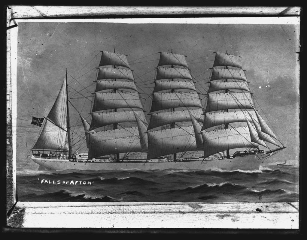 Photograph of a painting showing a starboard broadside view of the four-masted barque FALLS OF AFTON.  Title of painting - FALLS OF AFTON.
