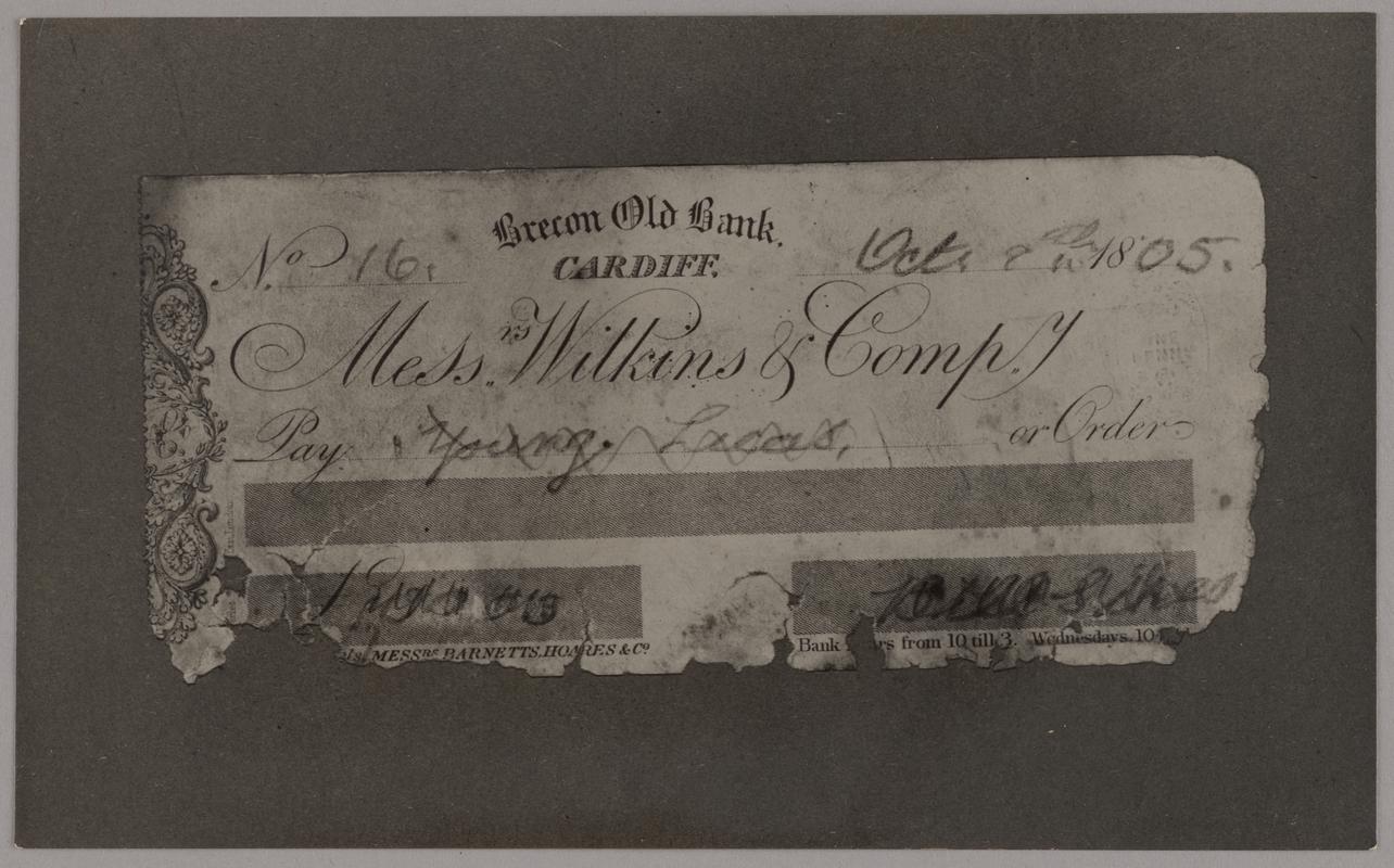 Print of Brecon Old Bank cheque, 1805