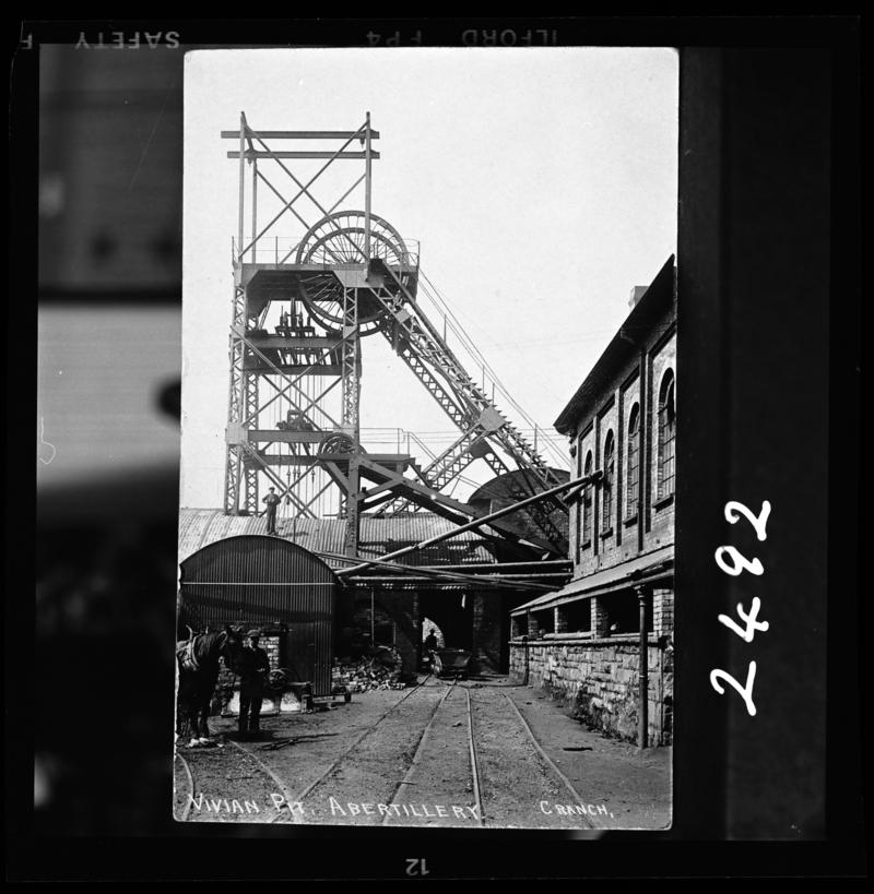 Black and white film negative showing a surface view of Vivian Colliery, Abertillery c.1900.