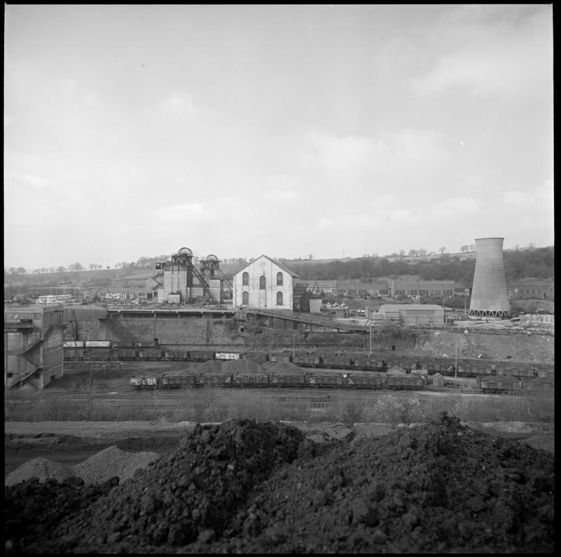 Black and white film negative showing a surface view of Cwm Colliery, 3 April 1981.  'Cwm 3 April 1981' is transcribed from original negative bag.