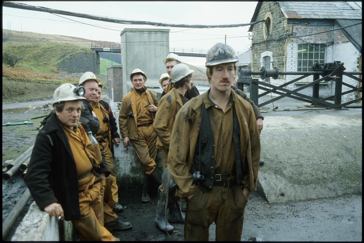 Colour film slide showing Coegnant Colliery miners, 25 November 1981.