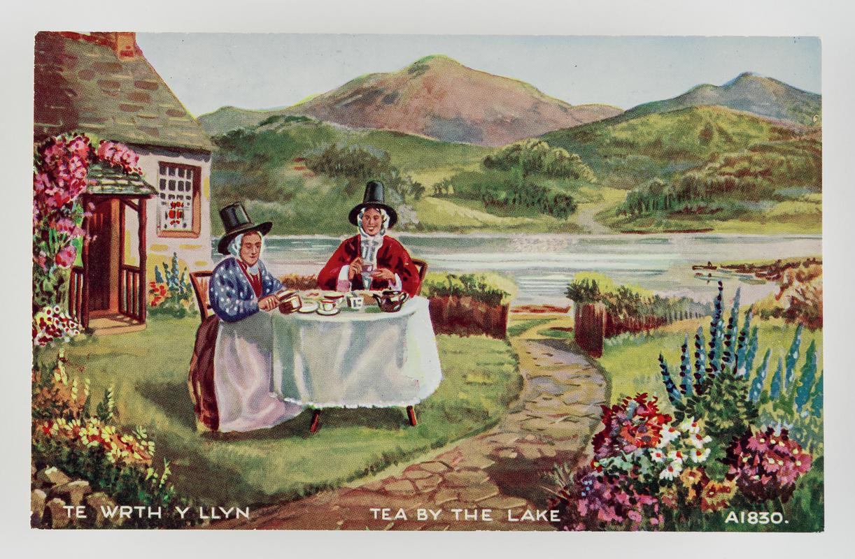 'Te wrth y llyn / Tea by the lake.'  2 Welsh ladies at tea table.