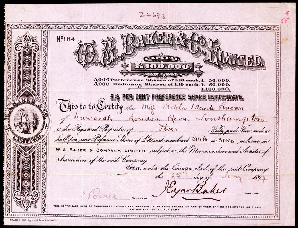 Share Certificate "W.A.Baker & Co. Limited"