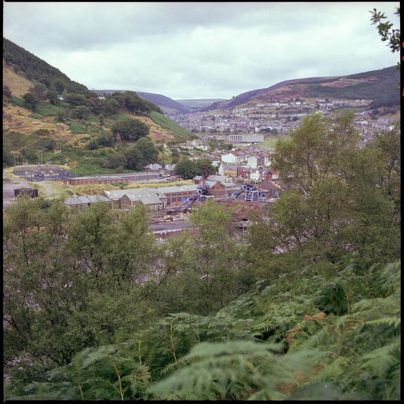 Colour film negative showing a view towards Six Bells Colliery.  'Six Bells' is transcribed from original negative bag.