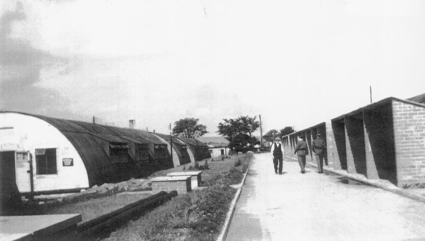 General view of nissen-hut accomodation for Bevin Boys in training at Oakdale Colliery. The camp was nicknamed the "Oakdale Hotel".