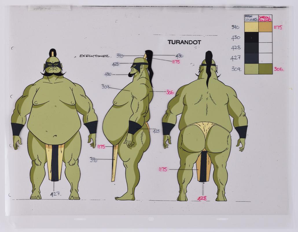 Turandot animation production artwork showing the character Executioner and a colour chart. Two sheets of cellulose acetate.