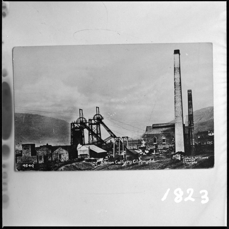 Black and white film negative of a photograph showing a surface view of Albion Colliery, Cilfynydd.  It was sunk in the 1880s and closed in 1966.  'Albion Colliery' is transcribed from original negative bag.