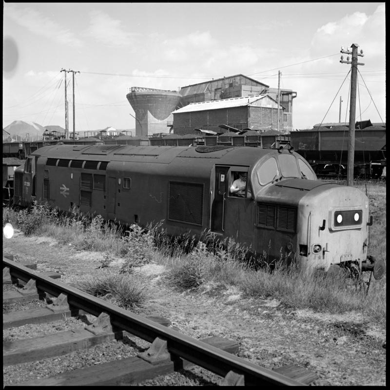 Black and white film negative showing a locomotive near the washery, Big Pit.  'Blaenavon' is transcribed from original negative bag.