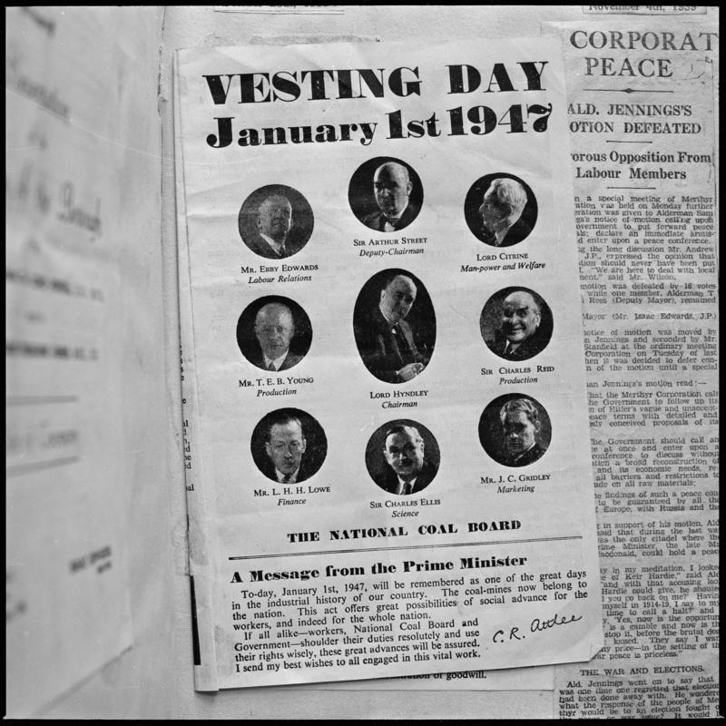 Black and white film negative showing a page out of a nationalisation publication.  Page is entitled 'Vesting Day January 1st 1947'.
