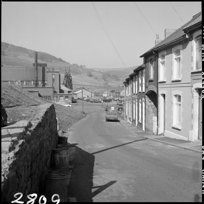 Black and white film negative showing a surface view of Cwmtillery Colliery.  'Cwmtillery' is transcribed from original negative bag.