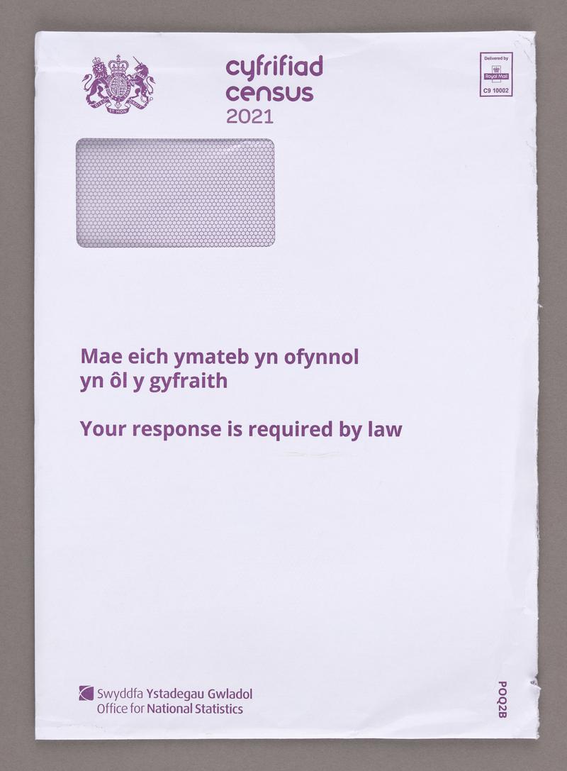 Blank English version of Cyfrifiad 2021 / Census 2021, with leaflet 'What you need to know', return envelope, all in envelope.