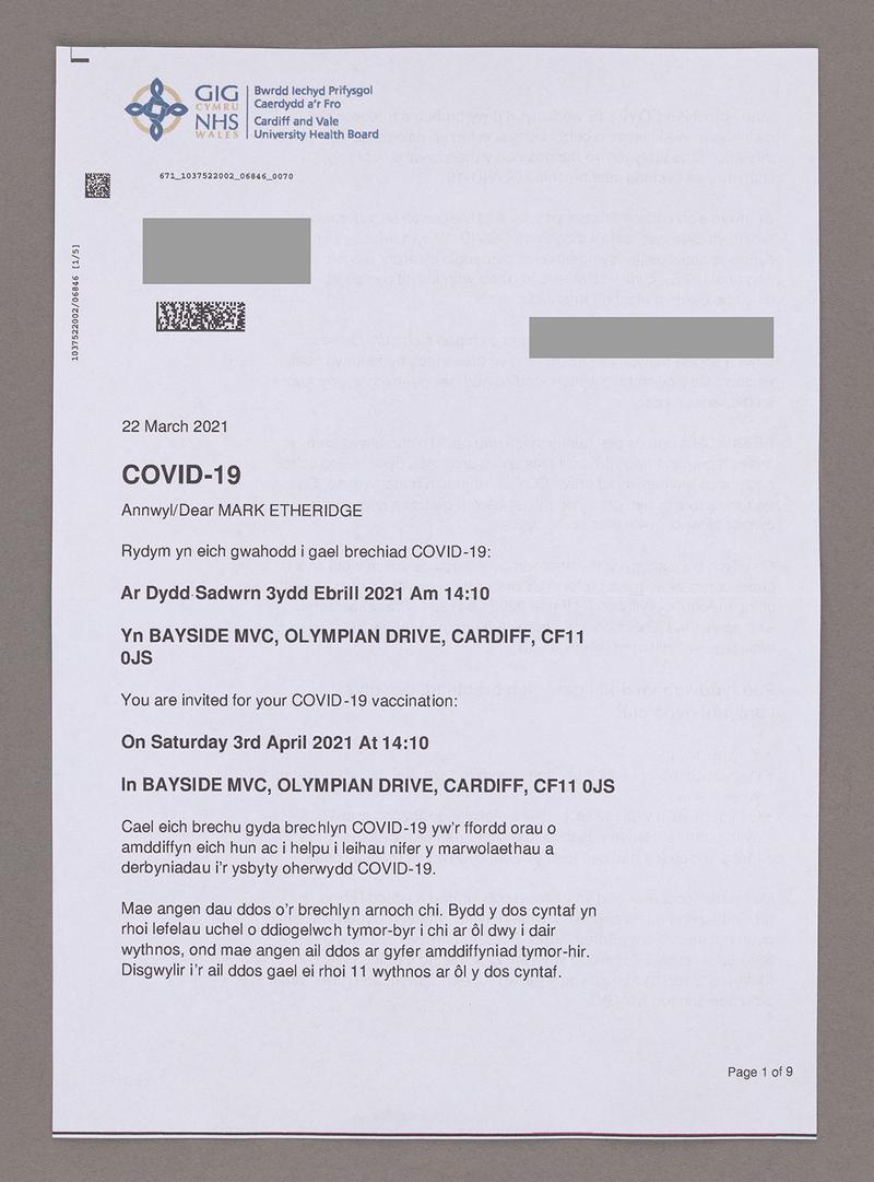 NHS Wales Covid-19 vaccination appointment letter, 22 March 2021.