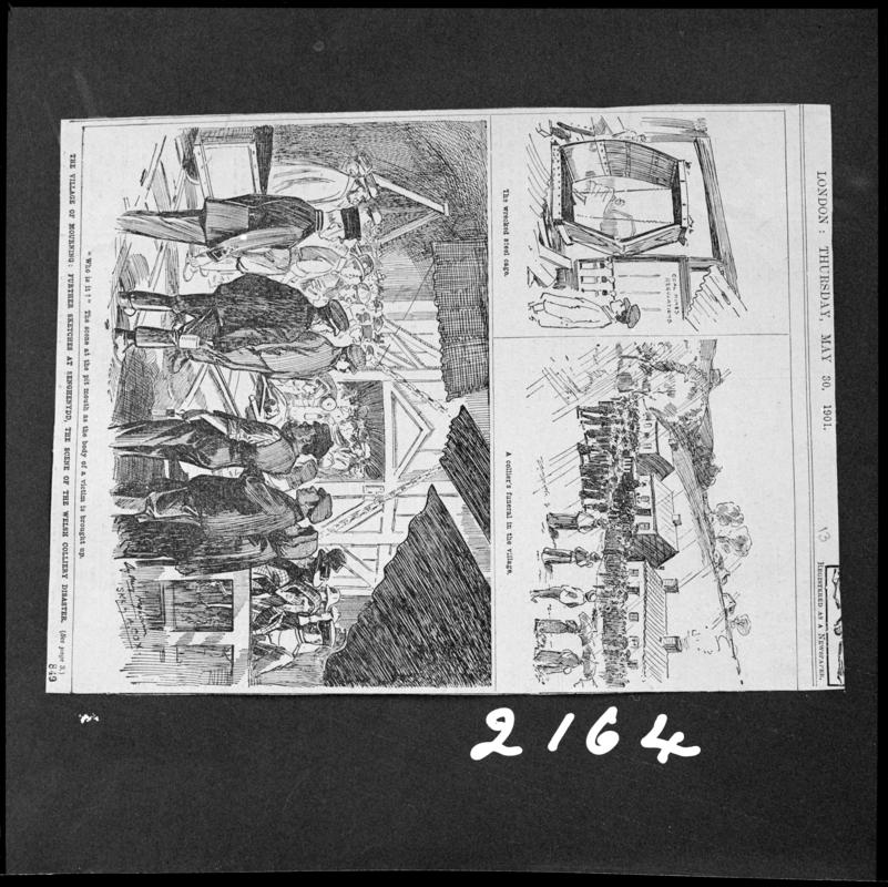 Black and white film negative showing the scene at Universal Colliery Senghenydd after the explosion of May 24th 1901, sketched illustration photographed from a publication.  'Sen 1901' is transcribed from original negative bag.