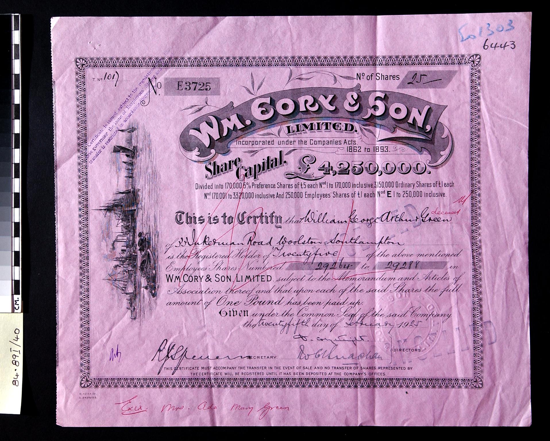 Wm. Cory & Son Limited, share certificate