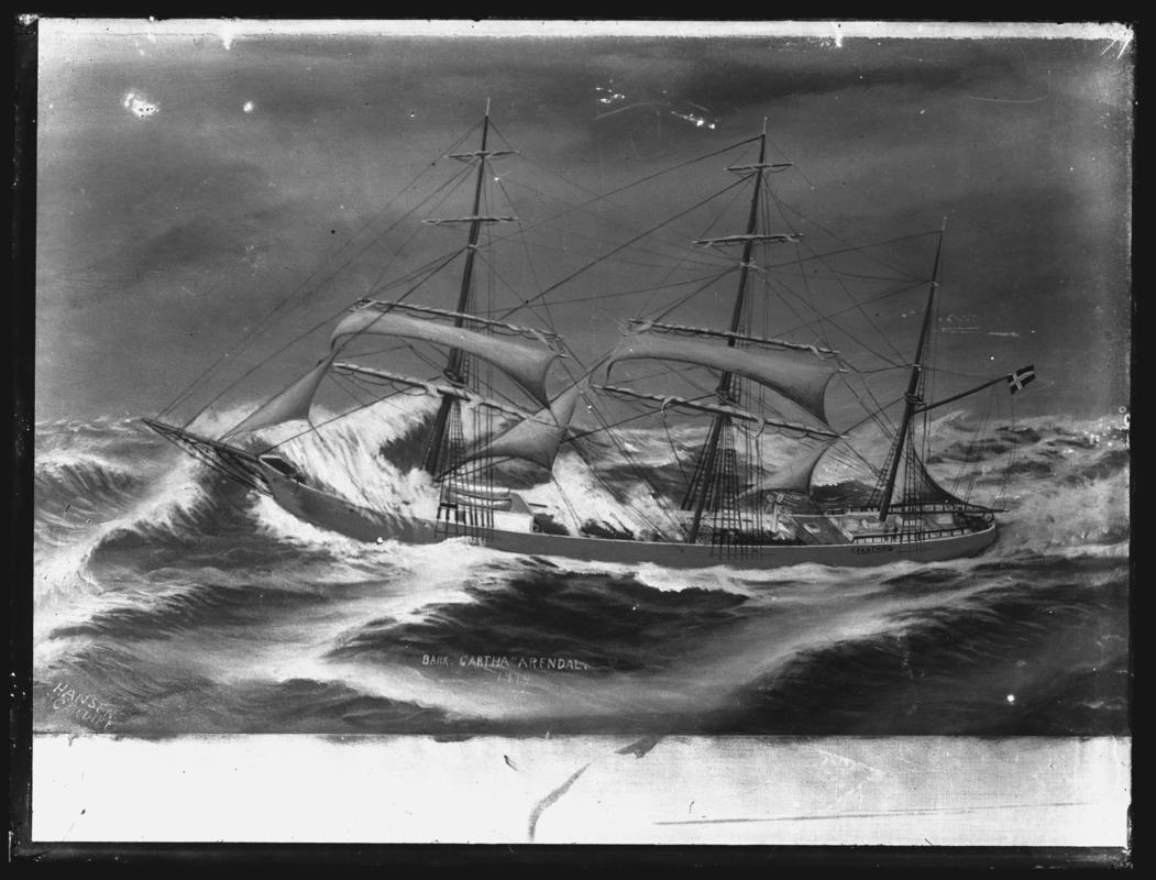 Photograph of a painting showing a port broadside view of the three-masted barque GARTH of Arendal.  Title of painting - BARK. GARTH ARENDAL . 1914