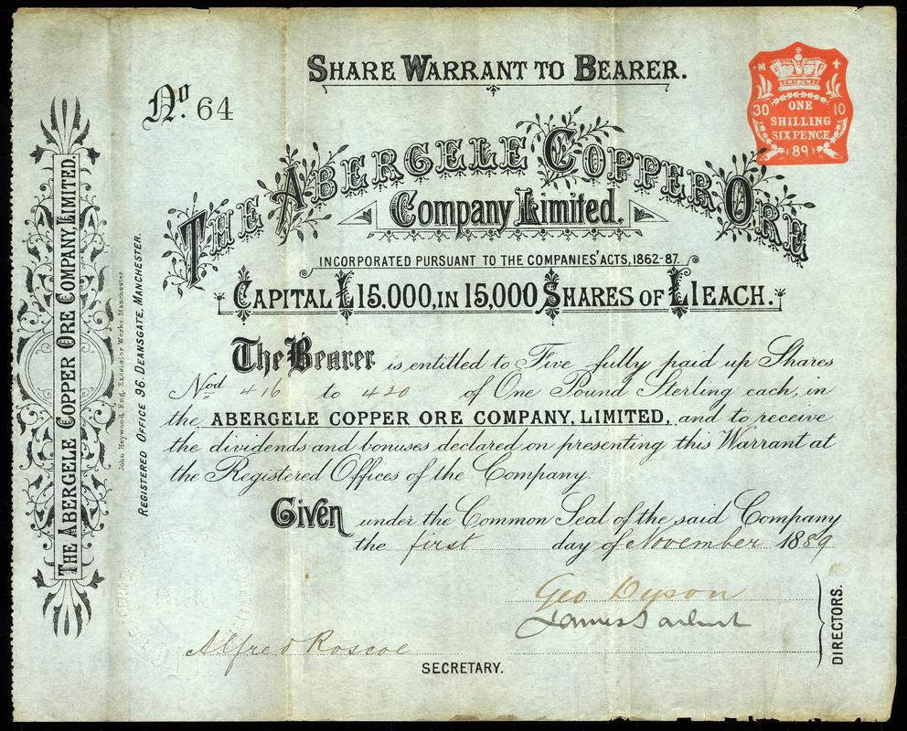 Share Certificate "The Abergele Copper Ore Company Limited"